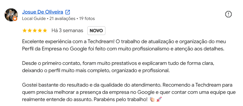 Avaliação de 5 estrelas de cliente no Google