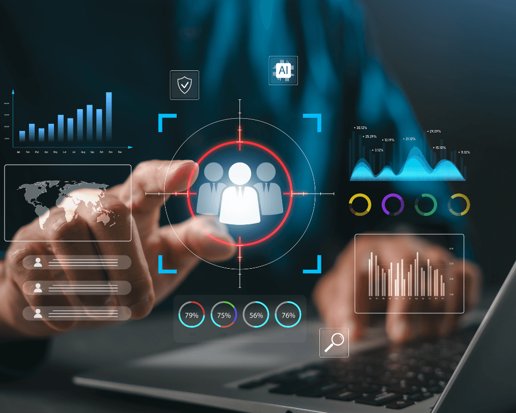 Painel de CRM com clientes em destaque, gráficos de vendas e indicadores de desempenho