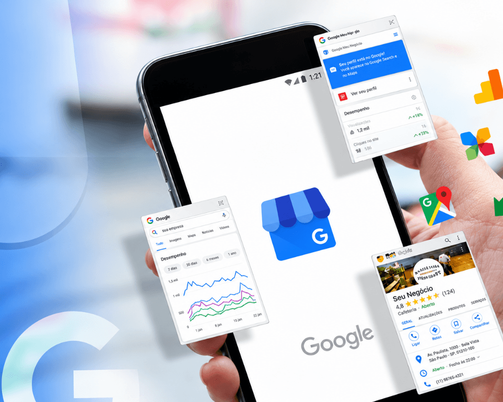 Celular com o Perfil da Empresa no Google, avaliações, desempenho nas buscas e o Google Maps